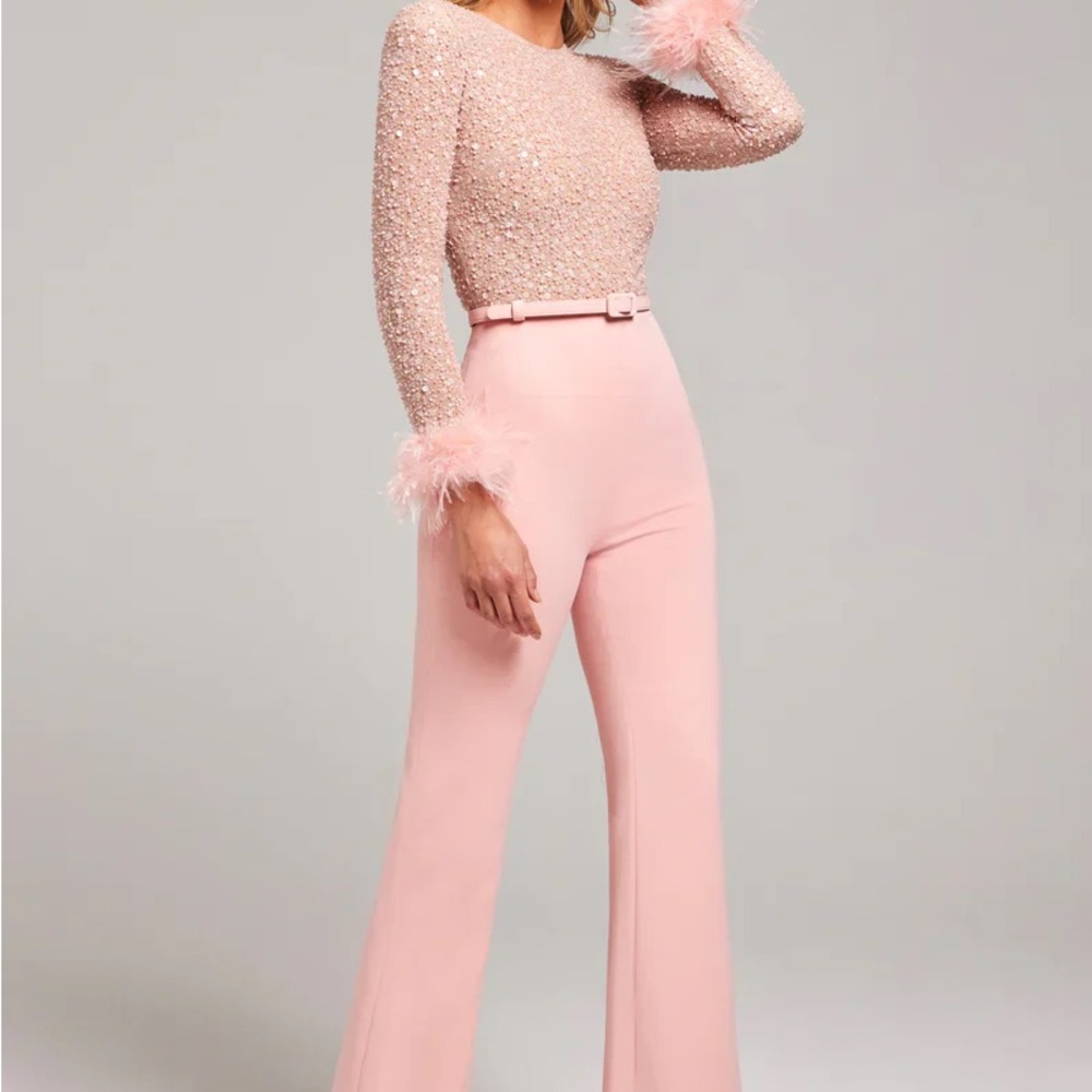 NADINE MERABI Blush Pink Feathered Jumpsuit